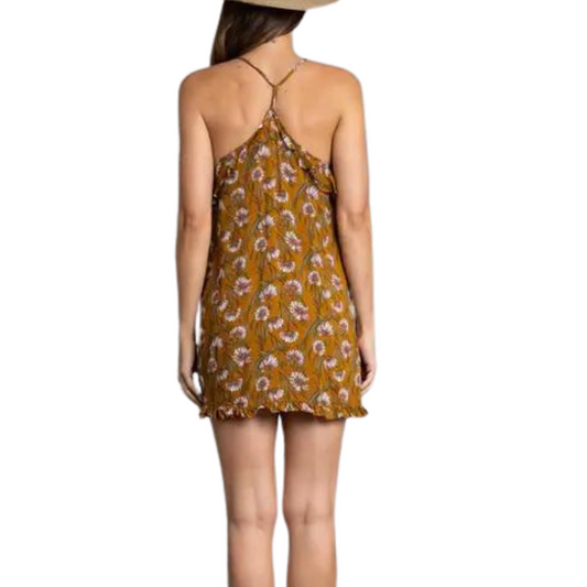 Mustard Yellow Floral Spaghetti Strap Front Tie Ruffled Mini Dress with Thin Racer Back Detail