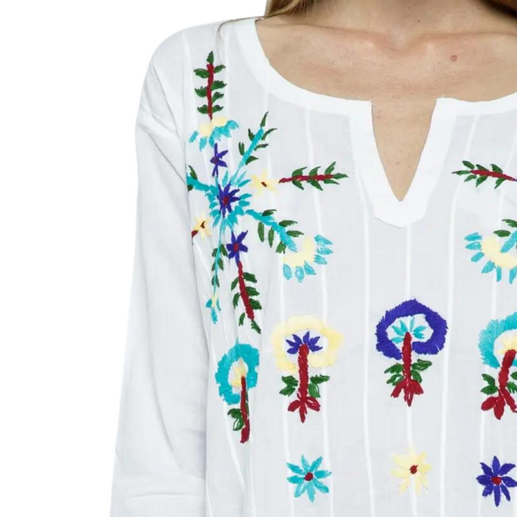 White Multi Embroidered Cotton Tunic Top from India