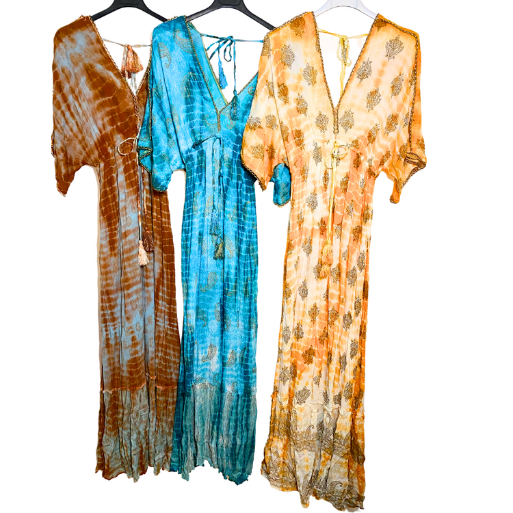 India Orange Tie Dye Boho Long Short Sleeve Gold Beaded V-Neck Dress w/ Drawstring Waist