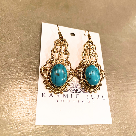 India Ornate Filigree Brass Design with Stone Setting Dangle Earrings - Turquoise, Tigers-eye, Labradorite, Onyx, Moonstone