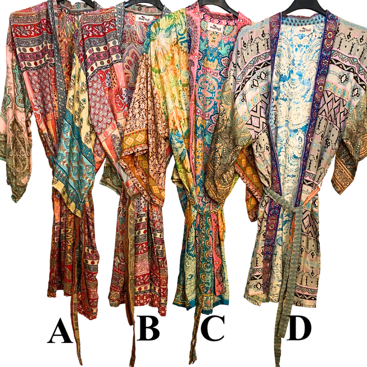 India Silky Ornate Block Print Kimono Robe Jacket Dress