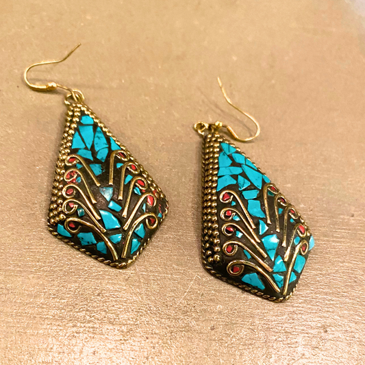 India Handmade Boho Chic Brass Turquoise Coral Unique Design Large Dangle Earrings