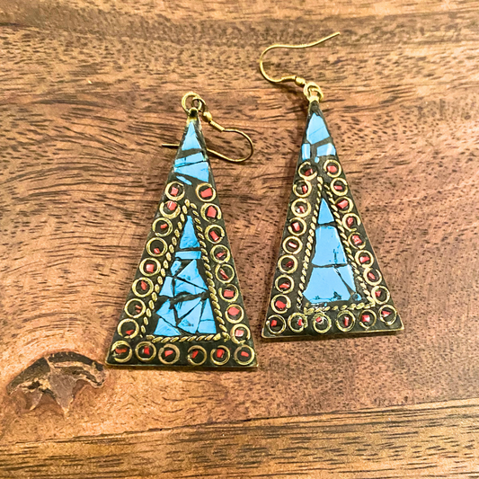 India Handmade Boho Chic Brass Turquoise Coral Unique Design Long Triangle Dangle Earrings