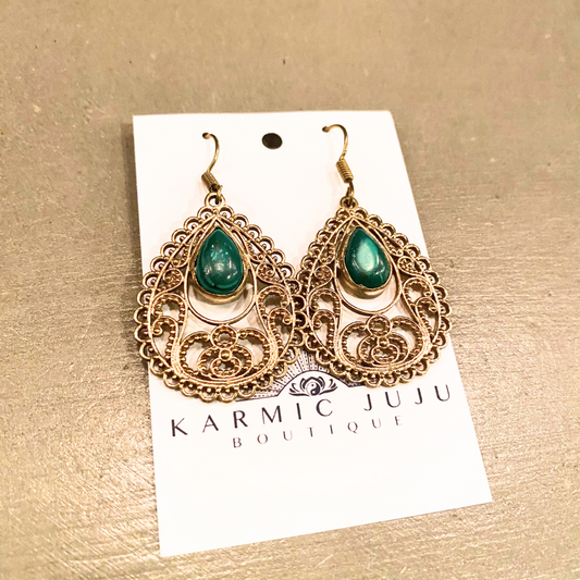 India Ornate Boho Chic Ornate Brass Filigree Teardrop with Malachite Dangle Earrings