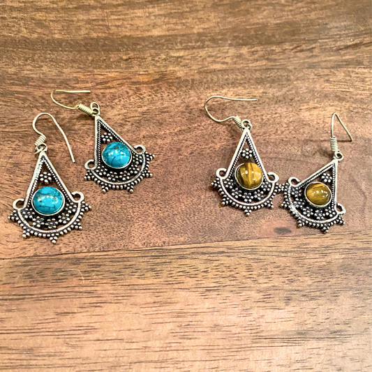 India Boho Chic Silver with Turquoise or Tiger's Eye Dangle Earrings