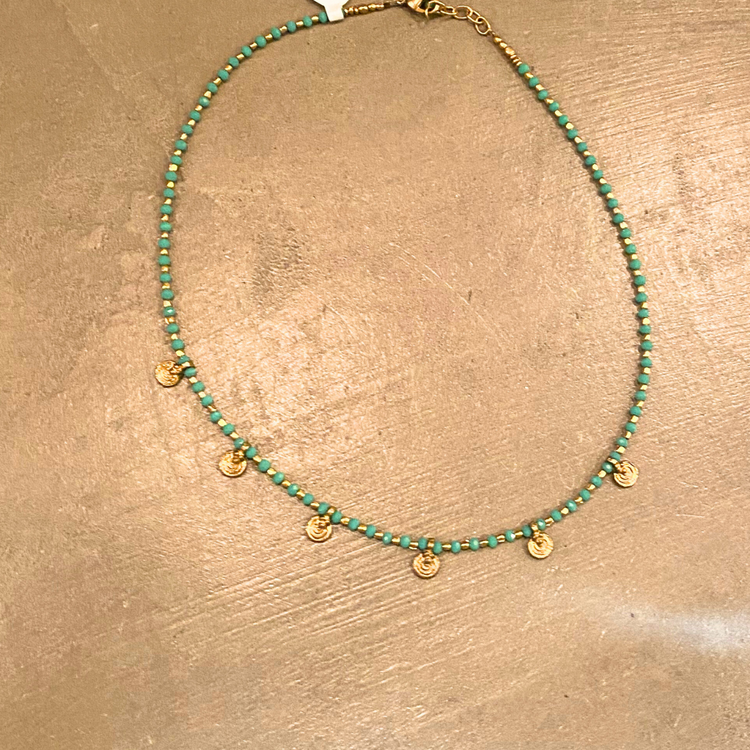 Single Strand Choker Turquoise Brass Beaded Necklace with Tiny Brass Circle Dangle Details from India