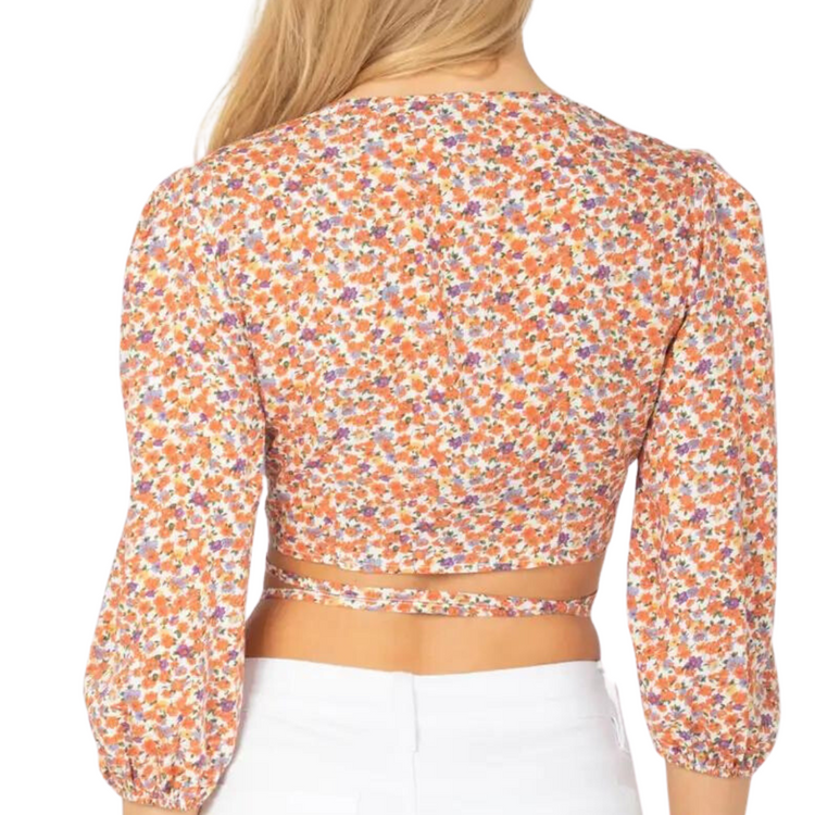 Peach Purple Floral Crop Front Keyhole Tie Center Wrap Top