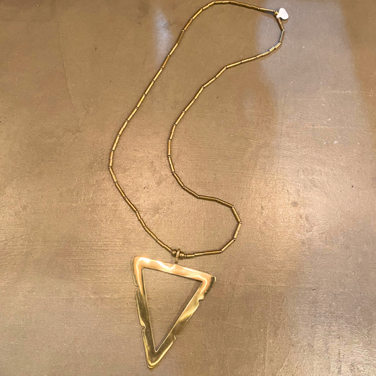 Long Brass Beaded Necklace with Large Triangle Pendant from India