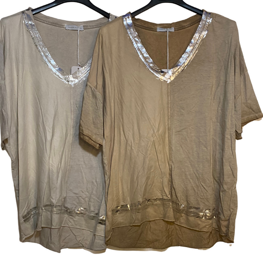 Italian Short Sleeve Mineral Washed Loose V-Neck Top with Distressed Metallic Neck & Bottom Trim