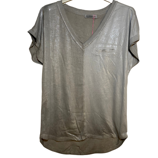 Italian Shimmer Short Sleeve Metallic Knit V-Neck Top with Faux Sequin Pocket