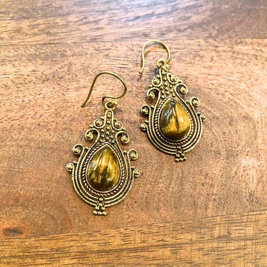 India Ornate Boho Chic Brass or Silver with Stone Dangle Earrings - Labradorite, Tiger's Eye, Amethyst, Chalcedony