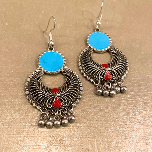 India Handmade Boho Chic Silver Turquoise Carnelian Round Intricate Design Dangle Earrings