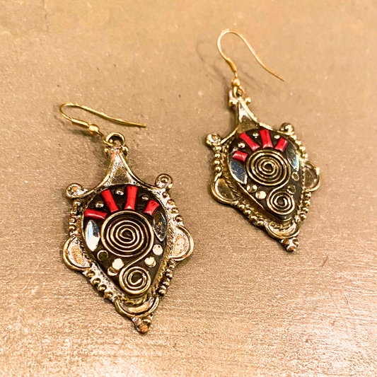 India Handmade Boho Chic Silver with Brass and Coral Unique Design Dangle Earrings