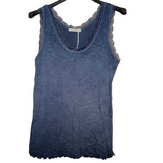 Italian Mineral Washed Tank Top with Lace Neck & Arm Edge Trim Detail Various Colors