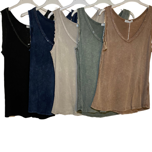 Italian Tank Top with Sequence Neck Trim Detail Various Neutral Colors