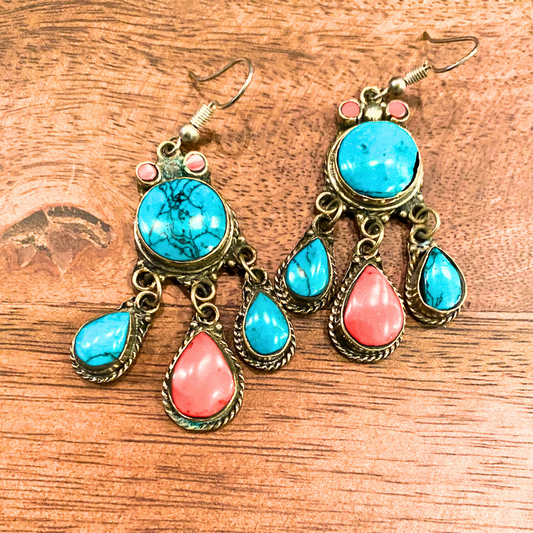 India Handmade Silver Turquoise Coral Chandelier Dangle Earrings