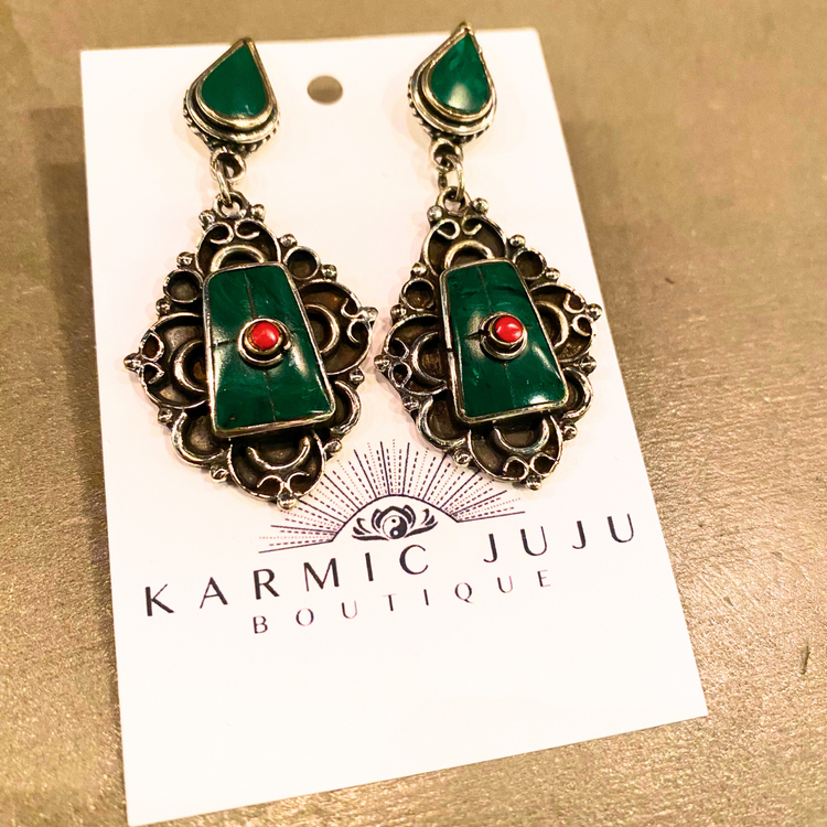 India Ornate Boho Chic Silver and Stone Dangle Earrings - Turquoise, Coral, Malachite, Onyx, Lapis