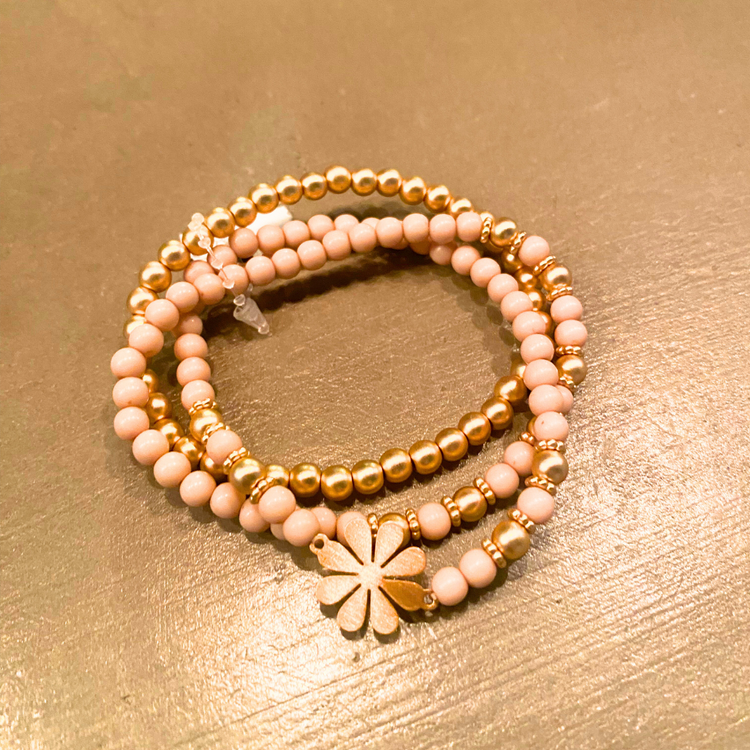 Light Pink and Gold Beaded Three Strand Stretch Fashion Bracelet