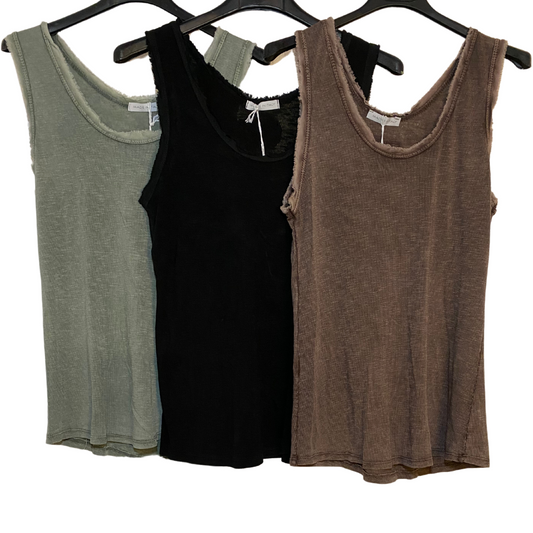 Italian Tank Top with Distressed Raw Edge Neck Trim Detail Various Colors