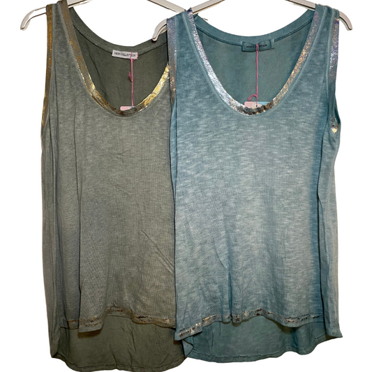 Italian Mineral Washed Viscose Deep Scoop Neck Tank Top with Metallic Neck & Arm Trim Detail