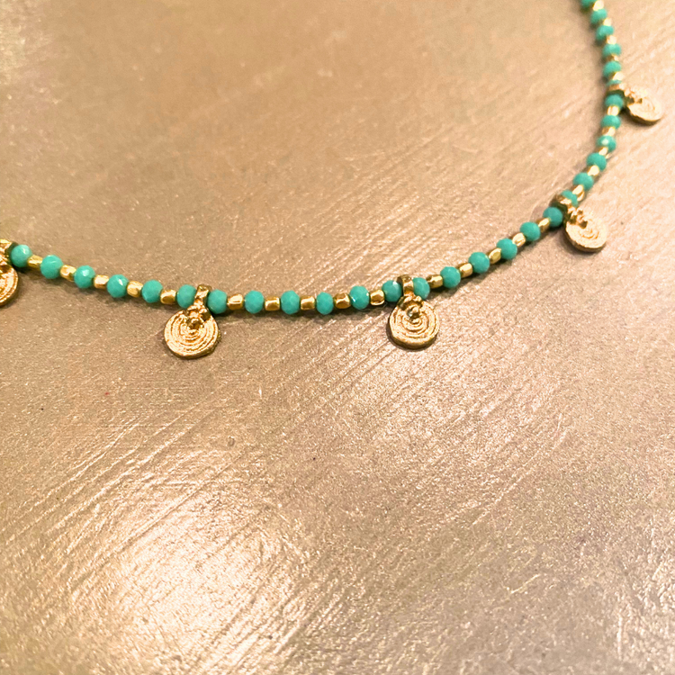 Single Strand Choker Turquoise Brass Beaded Necklace with Tiny Brass Circle Dangle Details from India