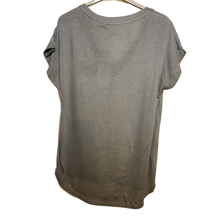 Italian Shimmer Short Sleeve Metallic Knit V-Neck Top with Faux Sequin Pocket