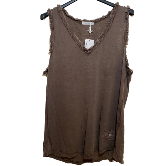 Italian Brown Cotton Loose Tank Top with Frayed Trim Neck & Arm Edge Detail