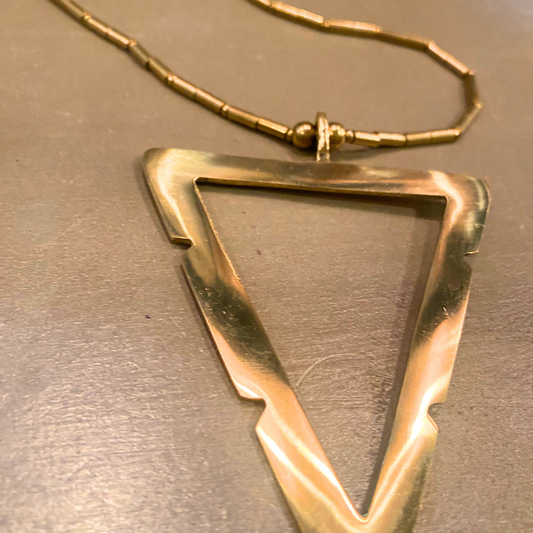 Long Brass Beaded Necklace with Large Triangle Pendant from India