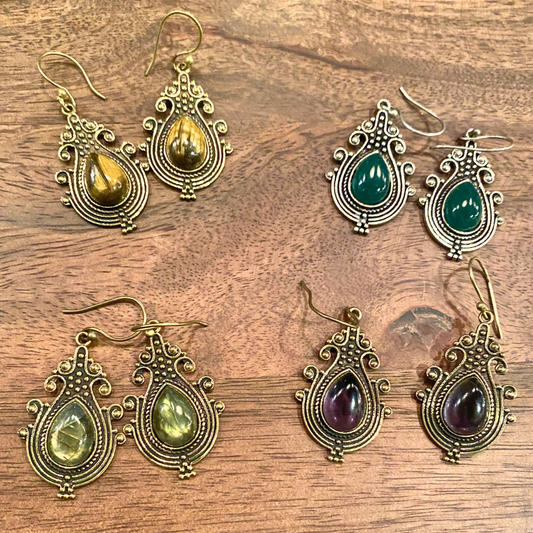 India Ornate Boho Chic Brass or Silver with Stone Dangle Earrings - Labradorite, Tiger's Eye, Amethyst, Chalcedony