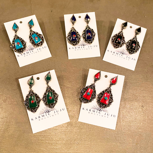 India Ornate Boho Chic Silver and Stone Dangle Earrings - Turquoise, Coral, Malachite, Onyx, Lapis