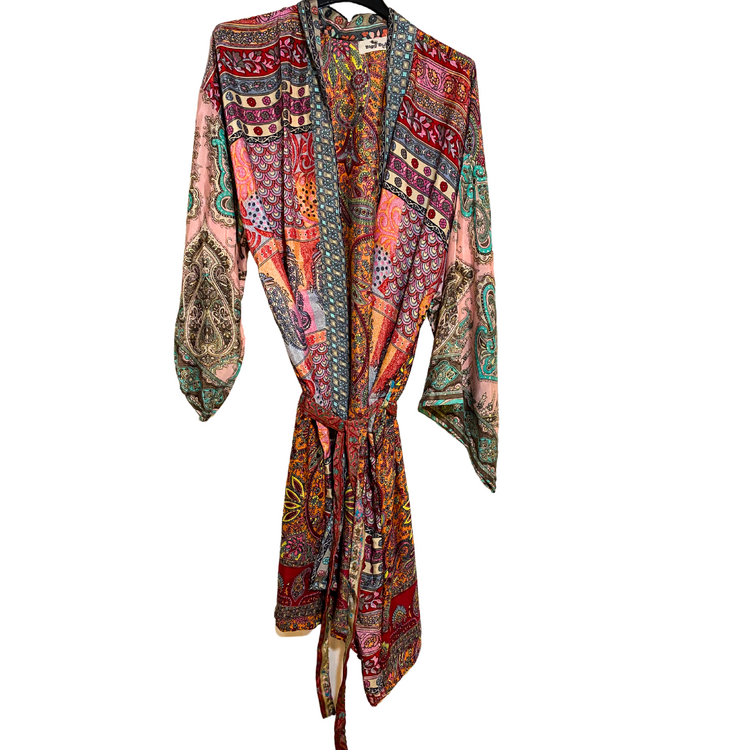 India Silky Ornate Block Print Kimono Robe Jacket Dress