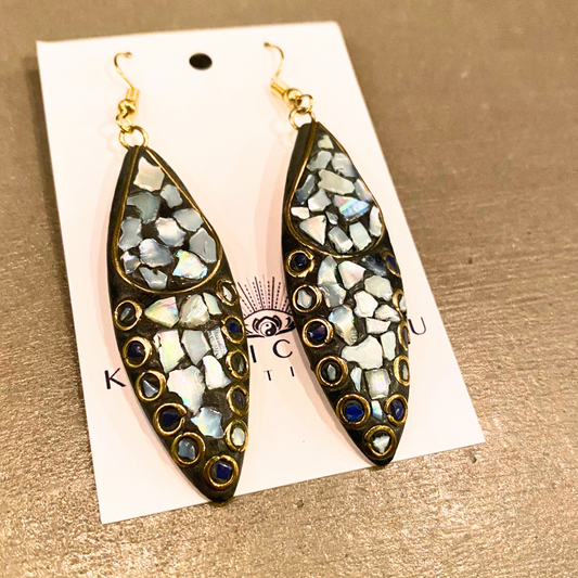 India Boho Chic Long Teardrop Brass with Abalone Mosaic Dangle Earrings