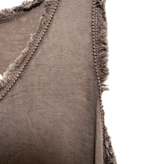 Italian Brown Cotton Loose Tank Top with Frayed Trim Neck & Arm Edge Detail