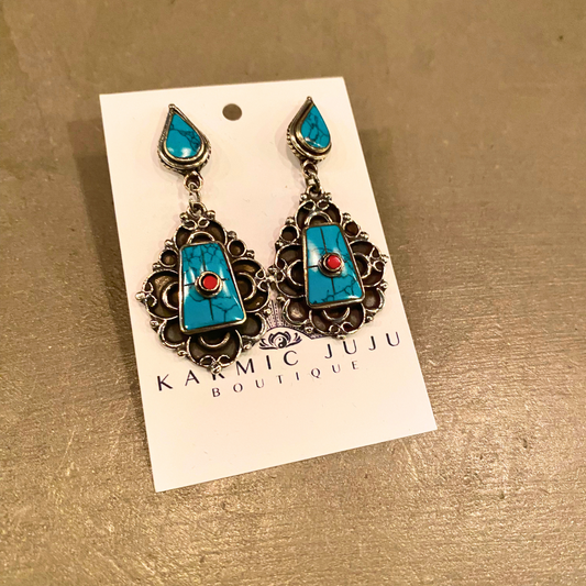 India Ornate Boho Chic Silver and Stone Dangle Earrings - Turquoise, Coral, Malachite, Onyx, Lapis