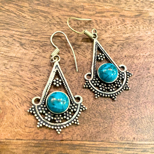 India Boho Chic Silver with Turquoise or Tiger's Eye Dangle Earrings