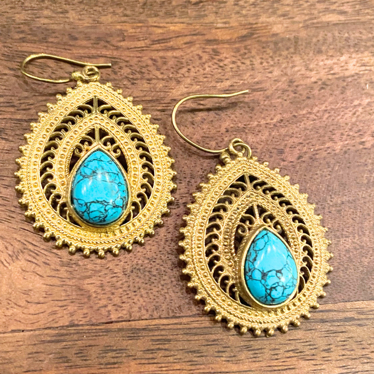 India Handmade Brass Turquoise or Onyx Ornate Dangle Earrings