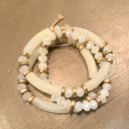 Ivory Acrylic and Gold Beaded Three Strand Stretch Fashion Bracelet