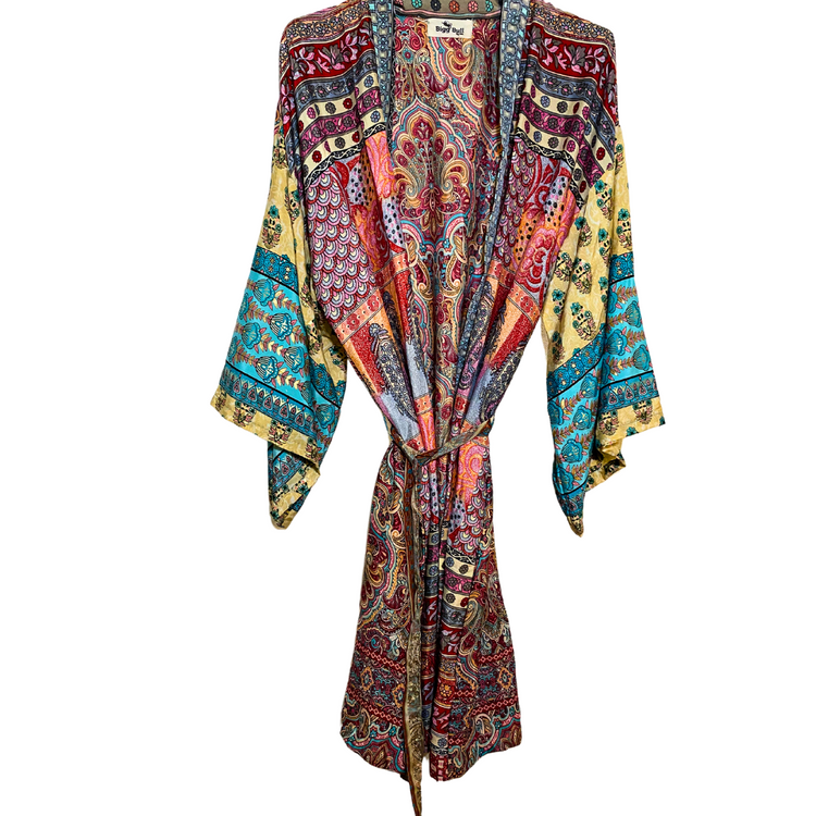 India Silky Ornate Block Print Kimono Robe Jacket Dress