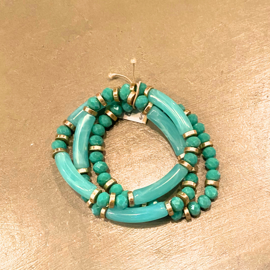 Turquoise Acrylic and Gold Beaded Three Strand Stretch Fashion Bracelet