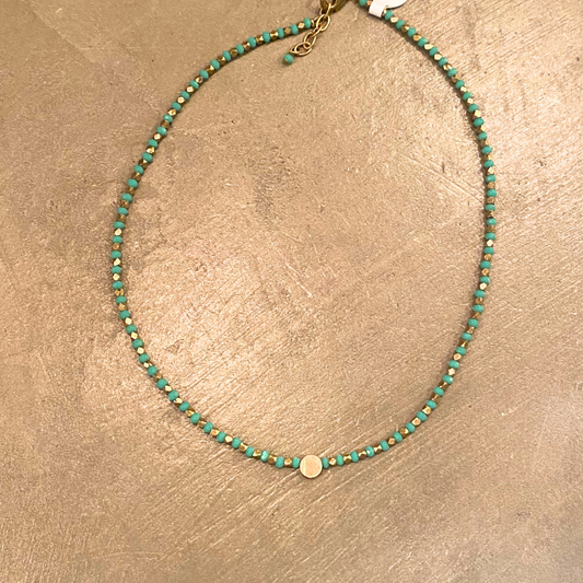 Single Strand Choker Turquoise Brass Beaded Necklace with Tiny Brass Center Circle Dangle from India