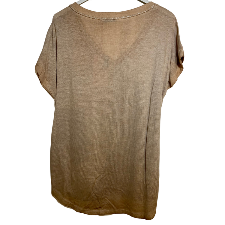 Italian Shimmer Short Sleeve Metallic Knit V-Neck Top with Faux Sequin Pocket