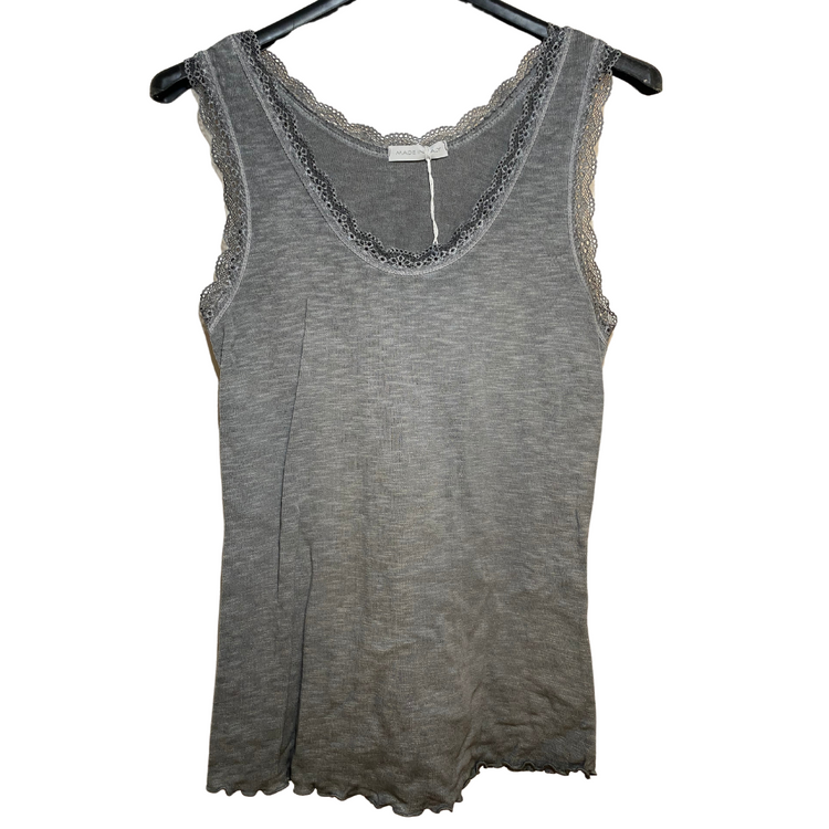 Italian Mineral Washed Tank Top with Lace Neck & Arm Edge Trim Detail Various Colors