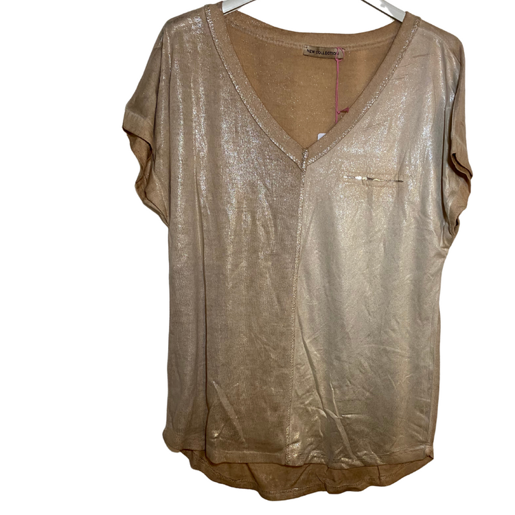 Italian Shimmer Short Sleeve Metallic Knit V-Neck Top with Faux Sequin Pocket