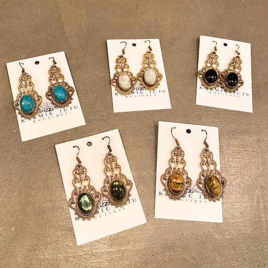 India Ornate Filigree Brass Design with Stone Setting Dangle Earrings - Turquoise, Tigers-eye, Labradorite, Onyx, Moonstone