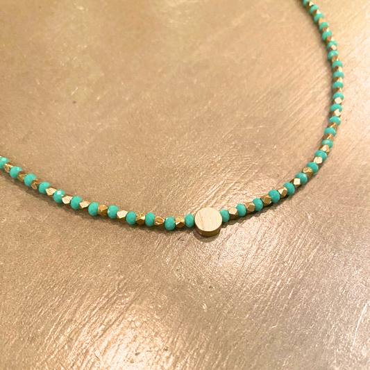 Single Strand Choker Turquoise Brass Beaded Necklace with Tiny Brass Center Circle Dangle from India