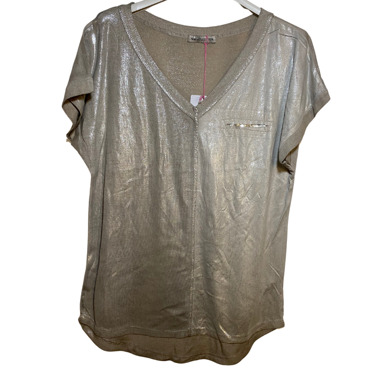 Italian Shimmer Short Sleeve Metallic Knit V-Neck Top with Faux Sequin Pocket