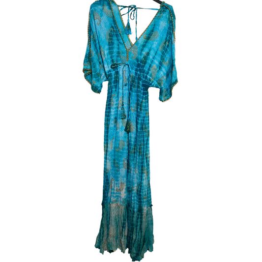 India Turquoise Metallic Paisley Boho Long Short Sleeve V-Neck Dress w/ Drawstring Waist