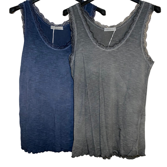 Italian Mineral Washed Tank Top with Lace Neck & Arm Edge Trim Detail Various Colors