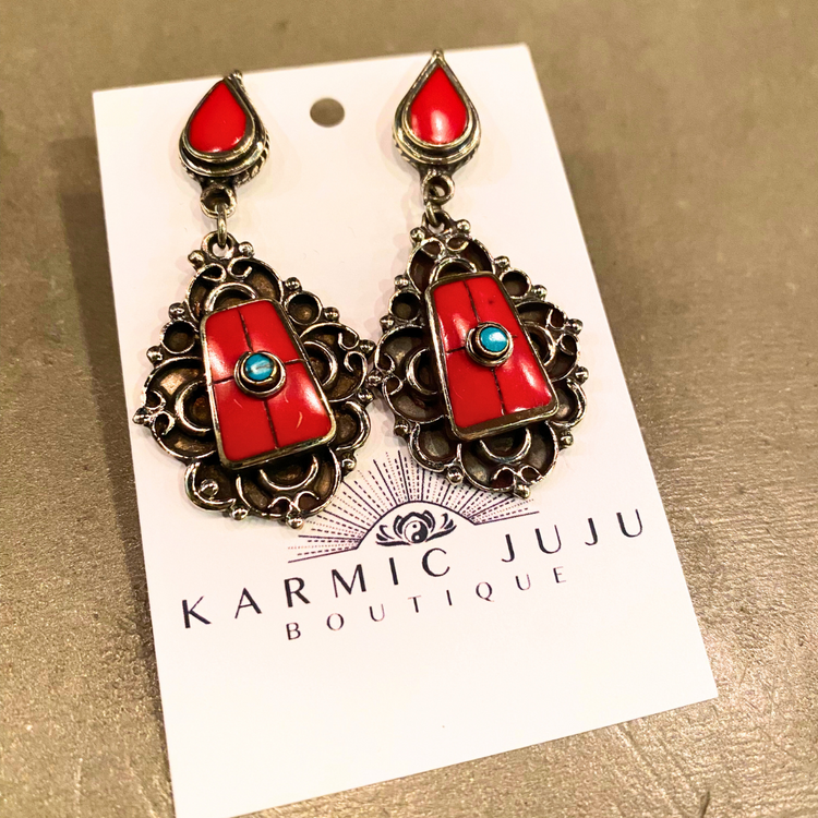 India Ornate Boho Chic Silver and Stone Dangle Earrings - Turquoise, Coral, Malachite, Onyx, Lapis