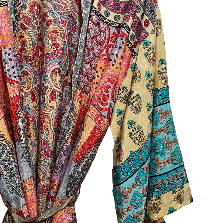 India Silky Ornate Block Print Kimono Robe Jacket Dress